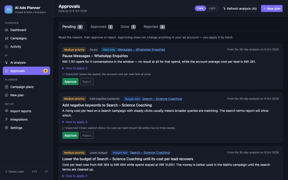 AI Ads Planner (Google & Meta) — AI recommendations waiting for approval, each with the reason, the steps and the expected effect