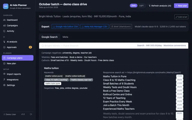 AI Ads Planner (Google & Meta) — Generated Google Search plan with keywords, ads and character counts