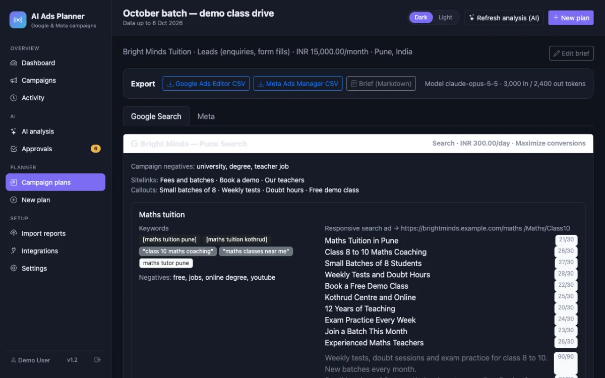 AI Ads Planner (Google & Meta) — Generated Google Search plan with keywords, ads and character counts