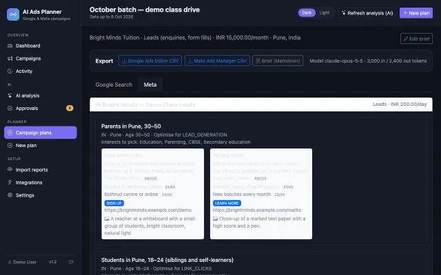 AI Ads Planner (Google & Meta) — Generated Meta plan with ad sets, ads and image briefs