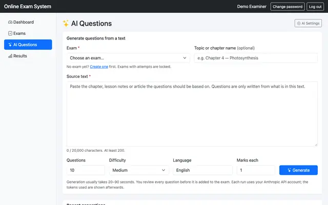 AI Question Generator for Online Exam — Paste a text and choose how many questions