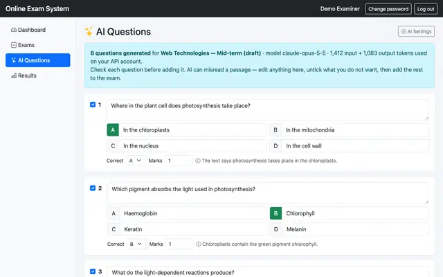 AI Question Generator for Online Exam — Review generated questions before adding them