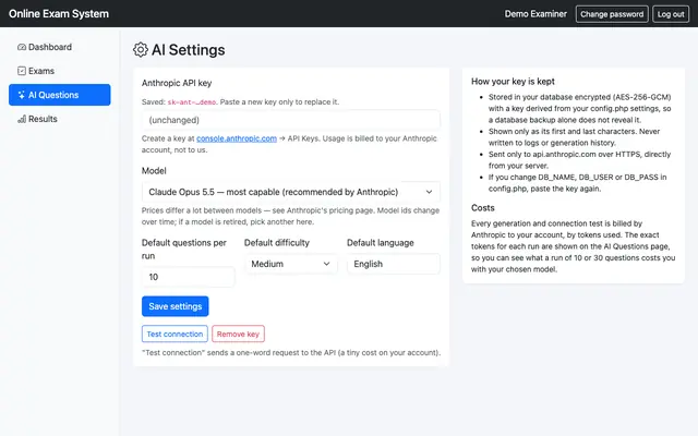 AI Question Generator for Online Exam — AI settings: your API key and model