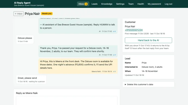 AI Reply Agent — A booking passed from the assistant to the front desk, with the lead noted