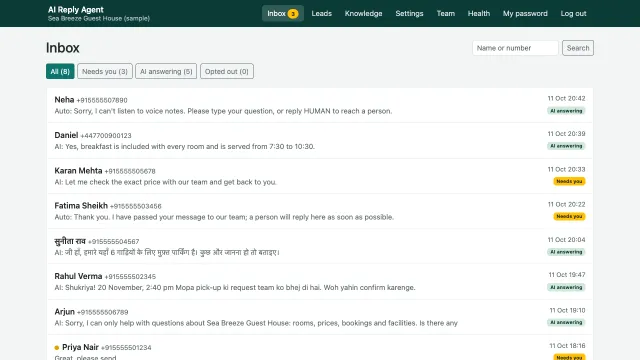AI Reply Agent — Inbox: every chat, with the ones waiting for a person marked Needs you