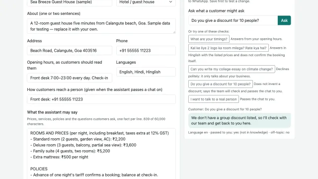 AI Reply Agent — Knowledge: the facts it may use, with Try a question