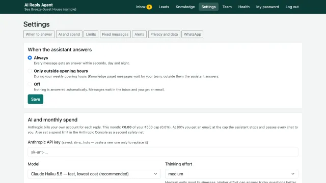 AI Reply Agent — Settings: when to answer and the monthly AI spend cap