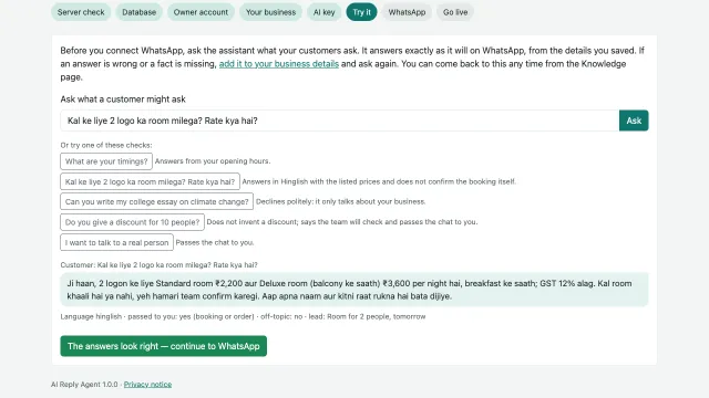 AI Reply Agent — Try it before going live: a Hinglish question answered from the business details