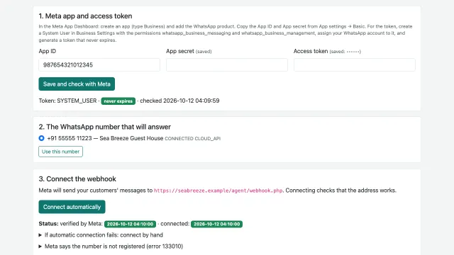 AI Reply Agent — WhatsApp connection: token checked with Meta, number chosen, webhook verified