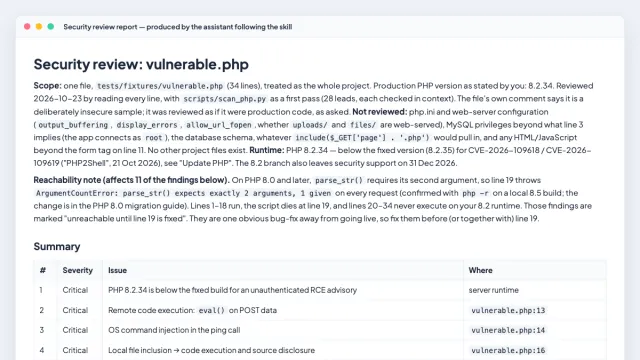 PHPGuru AI Skills: Developer Pack — The security review report an assistant produced by following the skill: summary table, then each finding with file and line, evidence and the fix