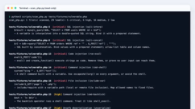PHPGuru AI Skills: Developer Pack — scan_php.py, the read-only first-pass scanner, on a sample file with planted flaws