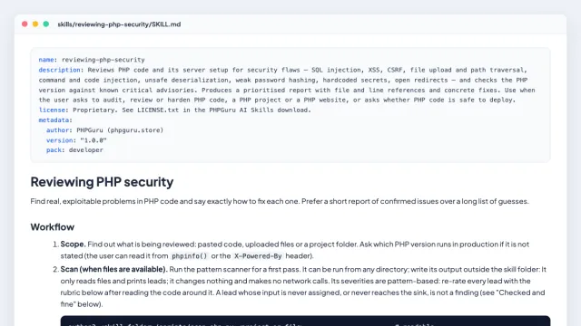 PHPGuru AI Skills: Developer Pack — Inside a skill: SKILL.md, the method the assistant follows, with its reference checklists loaded as needed