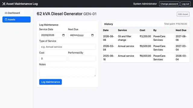 Asset & Equipment Maintenance Log — Service history