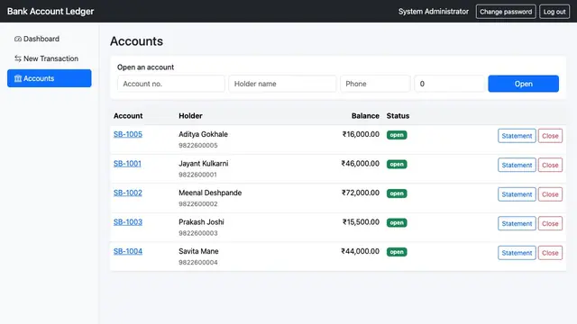 Bank Account Ledger — Accounts and balances