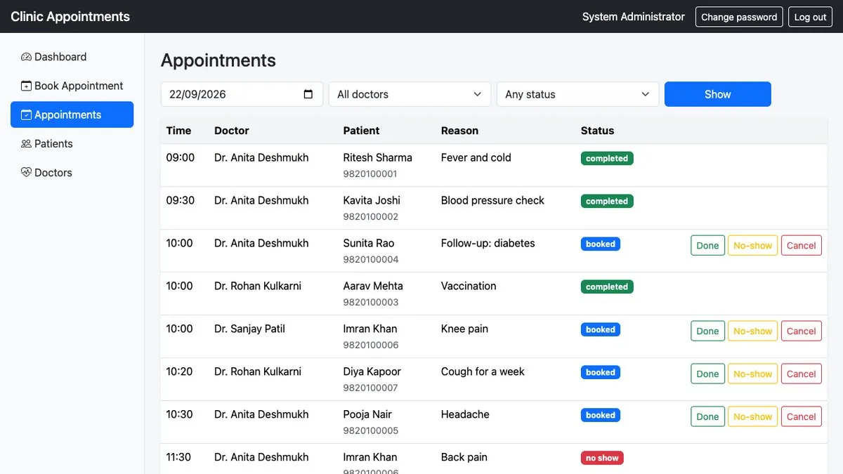 Clinic Appointment Booking — Today's appointments