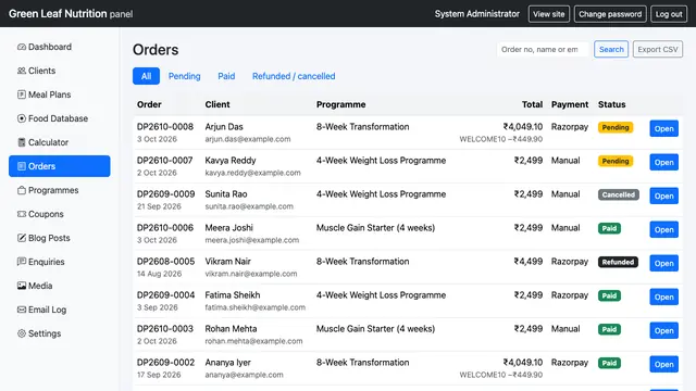 Diet & Meal Planner Pro — Orders: manual confirmation and Razorpay payments, with CSV export