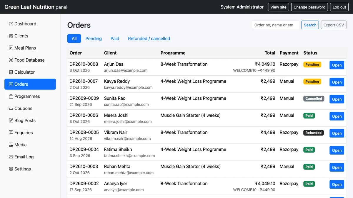 Diet & Meal Planner Pro — Orders: manual confirmation and Razorpay payments, with CSV export