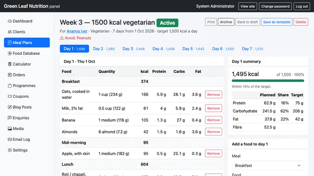 Diet & Meal Planner Pro — Meal plan editor with day totals against the calorie target