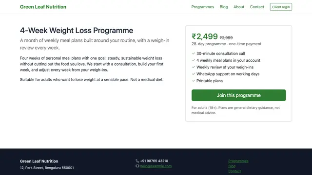 Diet & Meal Planner Pro — Programme page with online checkout