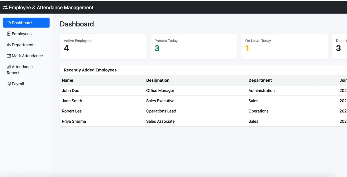 Employee & Attendance Management System — Admin dashboard