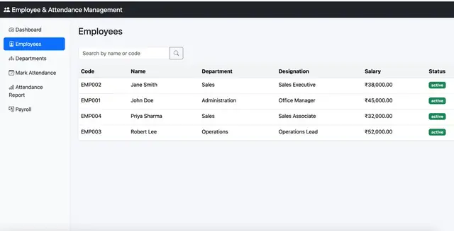 Employee & Attendance Management System — Employee list