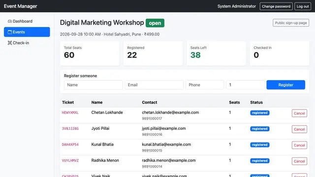 Event Registration & Check-in Manager — Event registrations and seats