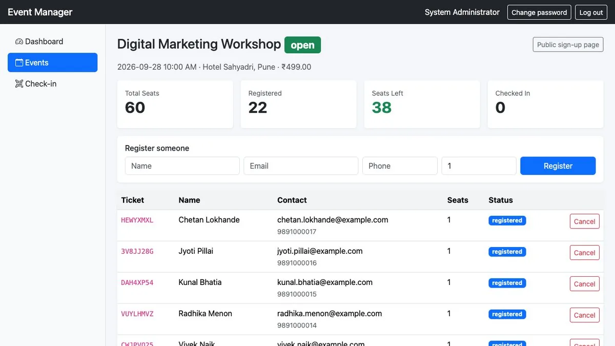 Event Registration & Check-in Manager — Event registrations and seats