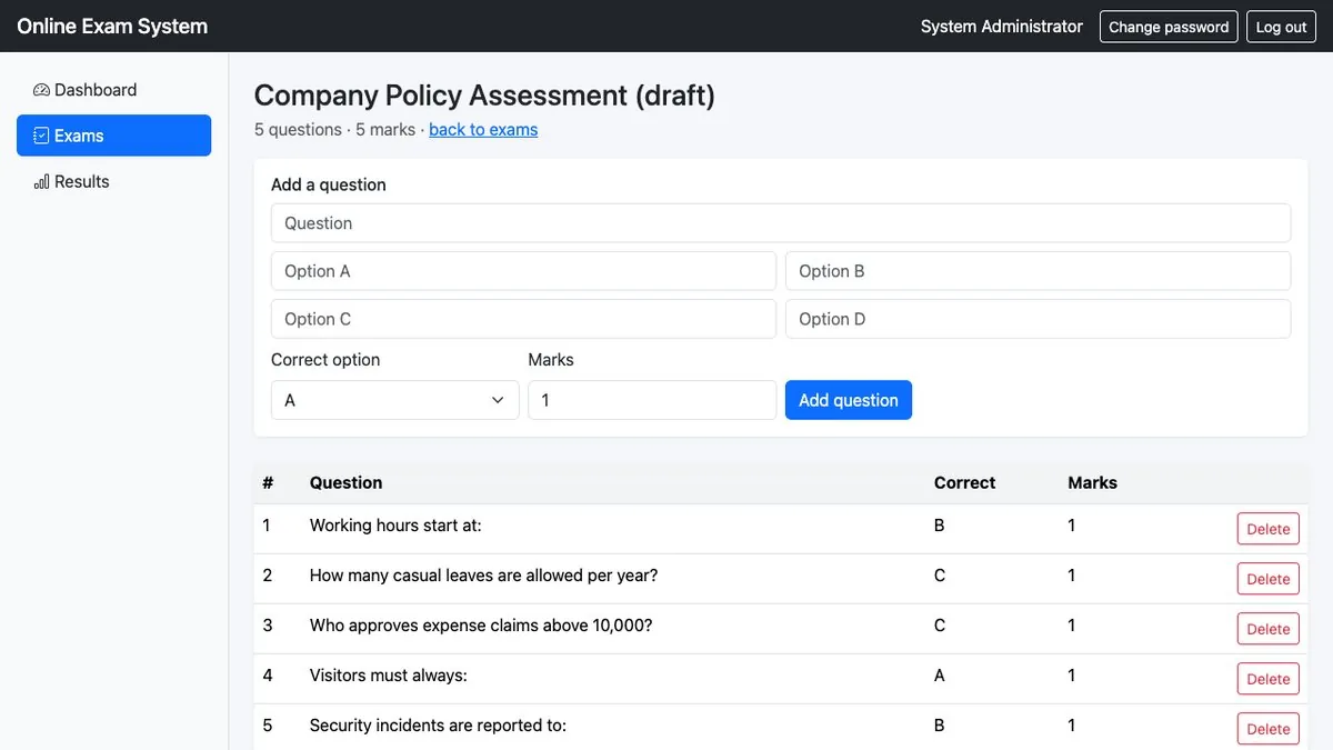 Online Exam / MCQ Test System — Question bank