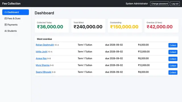 Student Fee Collection & Receipts — Dashboard