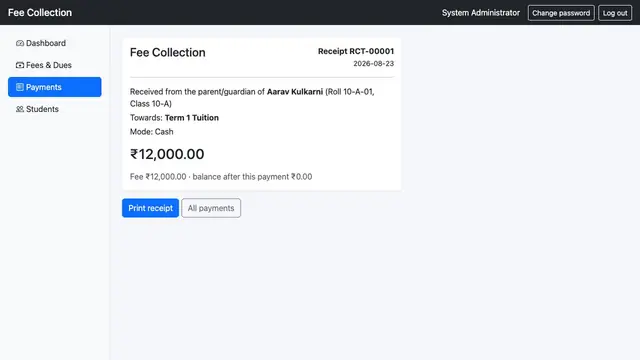 Student Fee Collection & Receipts — Printable receipt