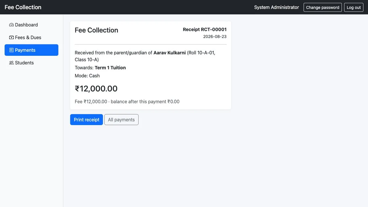 Student Fee Collection & Receipts — Printable receipt
