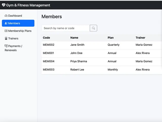 Gym & Fitness Membership Management System — Member list