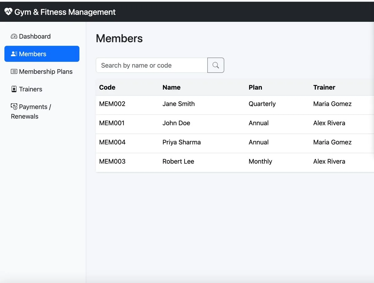 Gym & Fitness Membership Management System — Member list