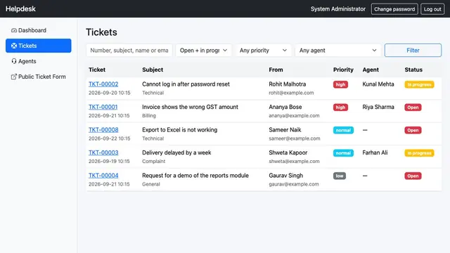 Helpdesk & Complaint Ticket Tracker — Ticket queue