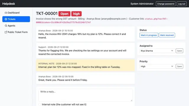 Helpdesk & Complaint Ticket Tracker — Ticket with replies and internal notes