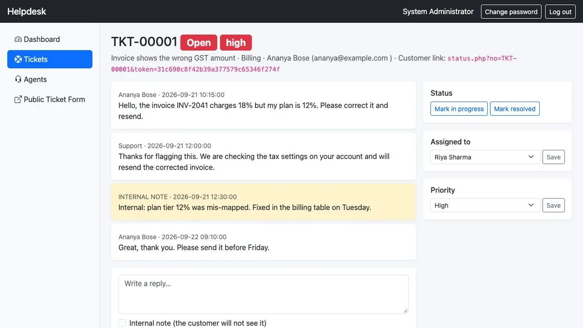 Helpdesk & Complaint Ticket Tracker — Ticket with replies and internal notes