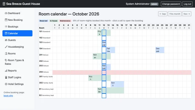 Hotel Management System — Room calendar for the month