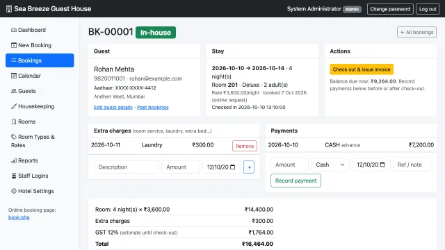 Hotel Management System — Booking folio: charges, payments, check-out