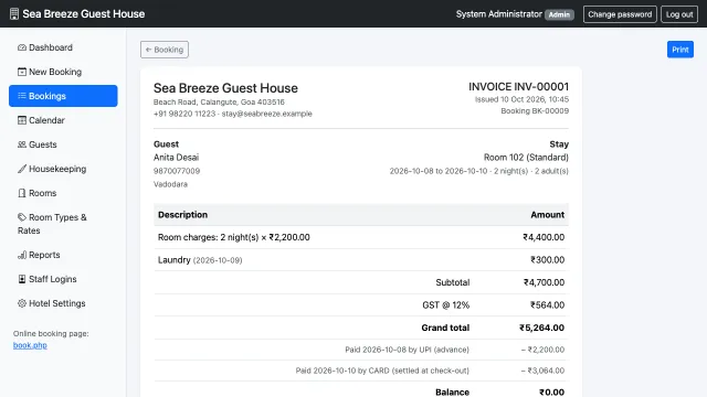 Hotel Management System — Printable invoice with GST
