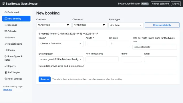 Hotel Management System — Availability check and new booking