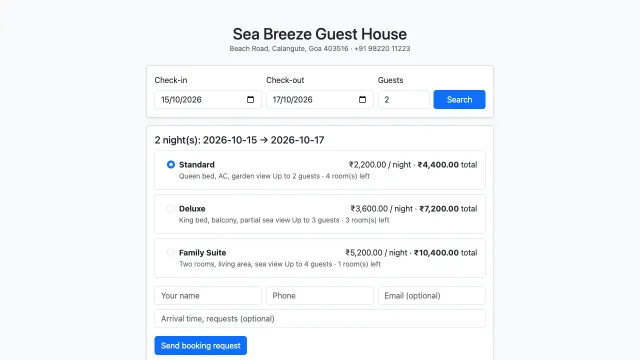 Hotel Management System — Public availability and booking request page