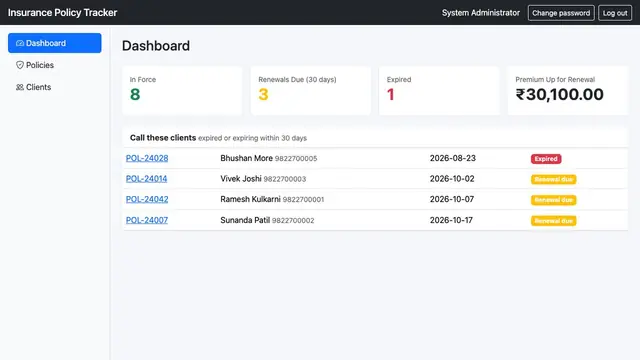 Insurance Policy Tracker — Dashboard: renewals to chase
