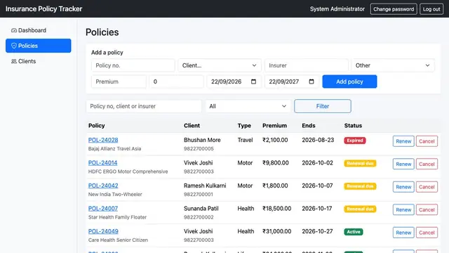 Insurance Policy Tracker — Policies and expiry