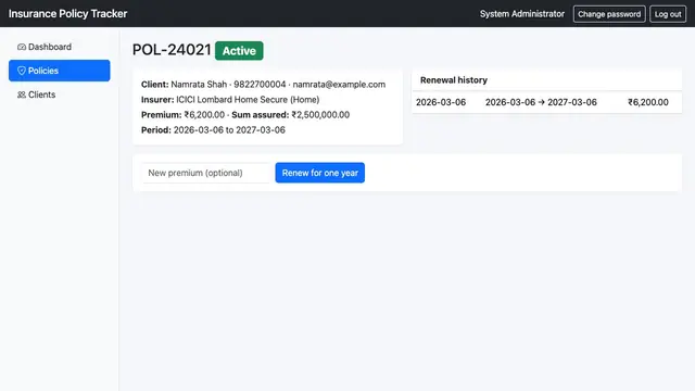 Insurance Policy Tracker — Policy with renewal history