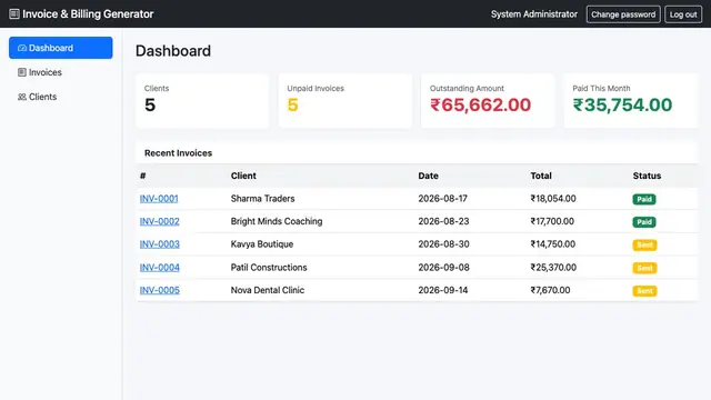 Simple Invoice & Billing Generator — Dashboard