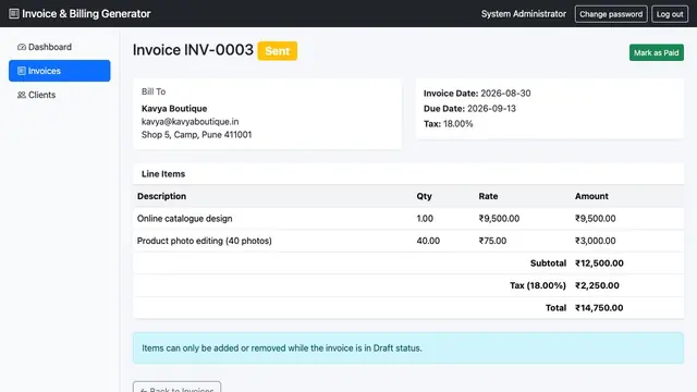 Simple Invoice & Billing Generator — Invoice with line items