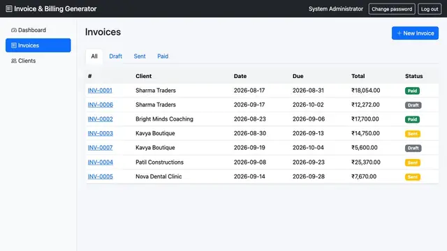 Simple Invoice & Billing Generator — Invoices with status