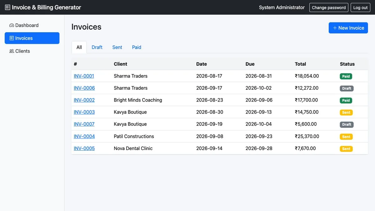 Simple Invoice & Billing Generator — Invoices with status
