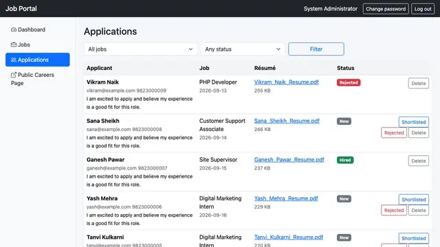Job Portal with Résumé Uploads — Applicant pipeline