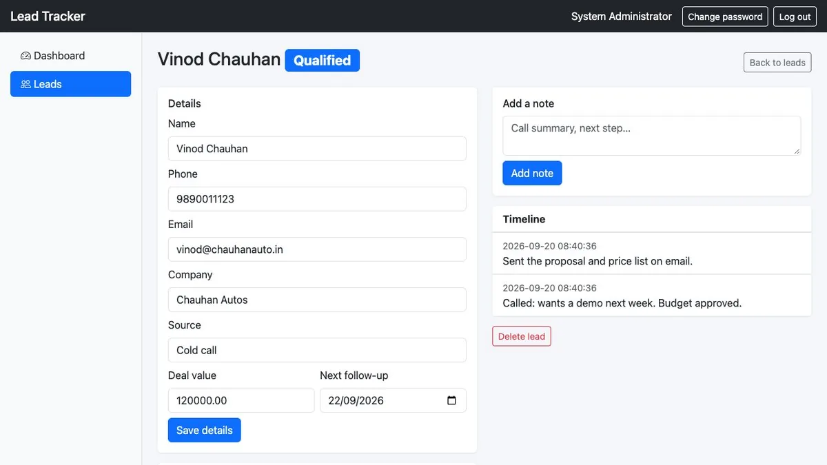 Lead & Follow-up Tracker — Lead details and follow-up notes